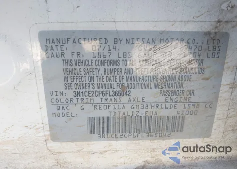 2015 Nissan Versa Note S (Sr)/S Plus/Sl/Sr/Sv from USA, damaged, VIN 3N1CE2CP6FL365042